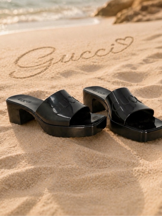 Gucci Shoes - Authentic Gucci Black Embossed Patent/Rubber Platform Slide Mules IT 38 COA